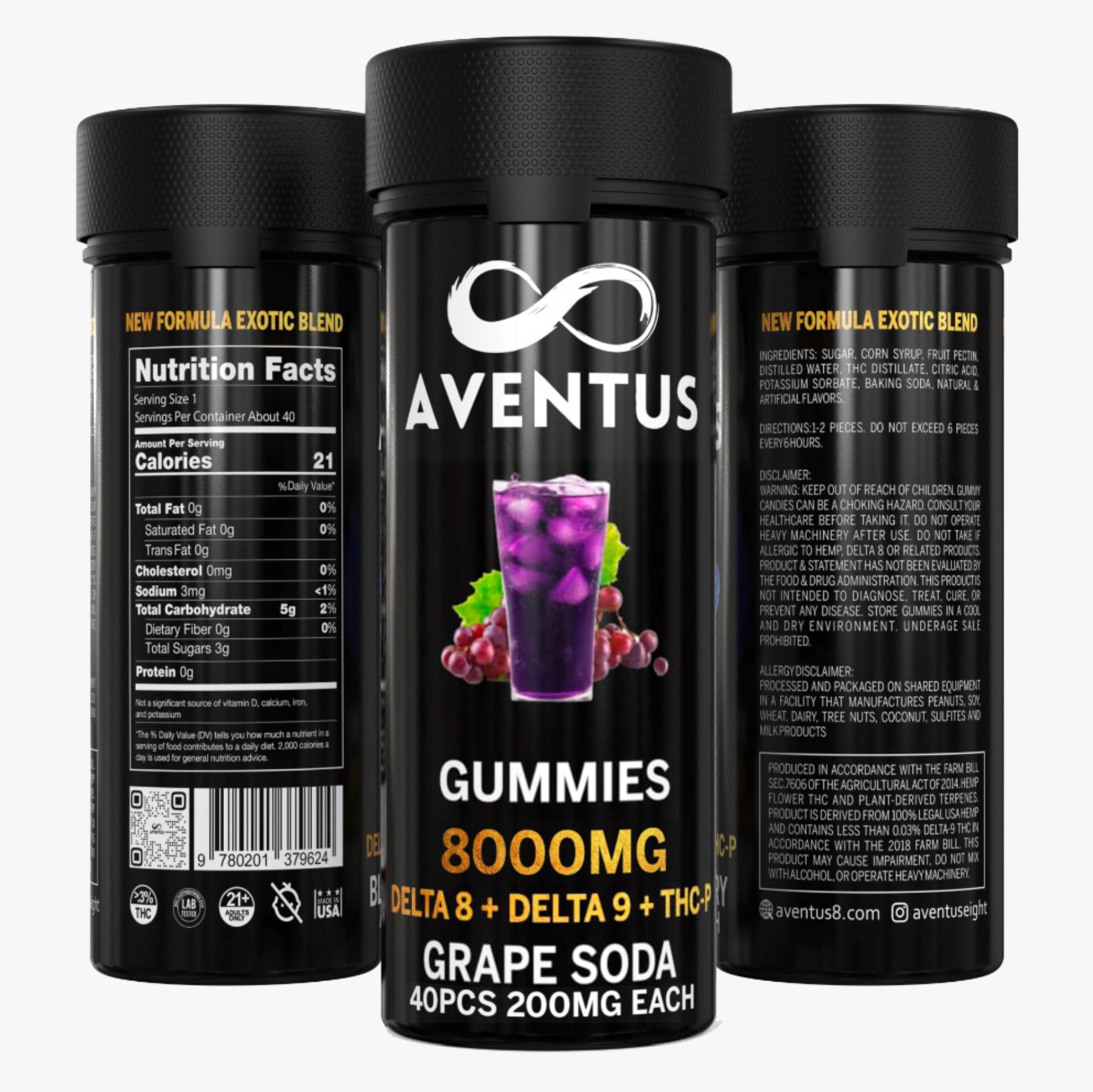 8000mg AVENTUS8 GUMMIES GRAPE SODA DELTA 8 + DELTA 9 + THC-P STRONG EXOTIC BLEND