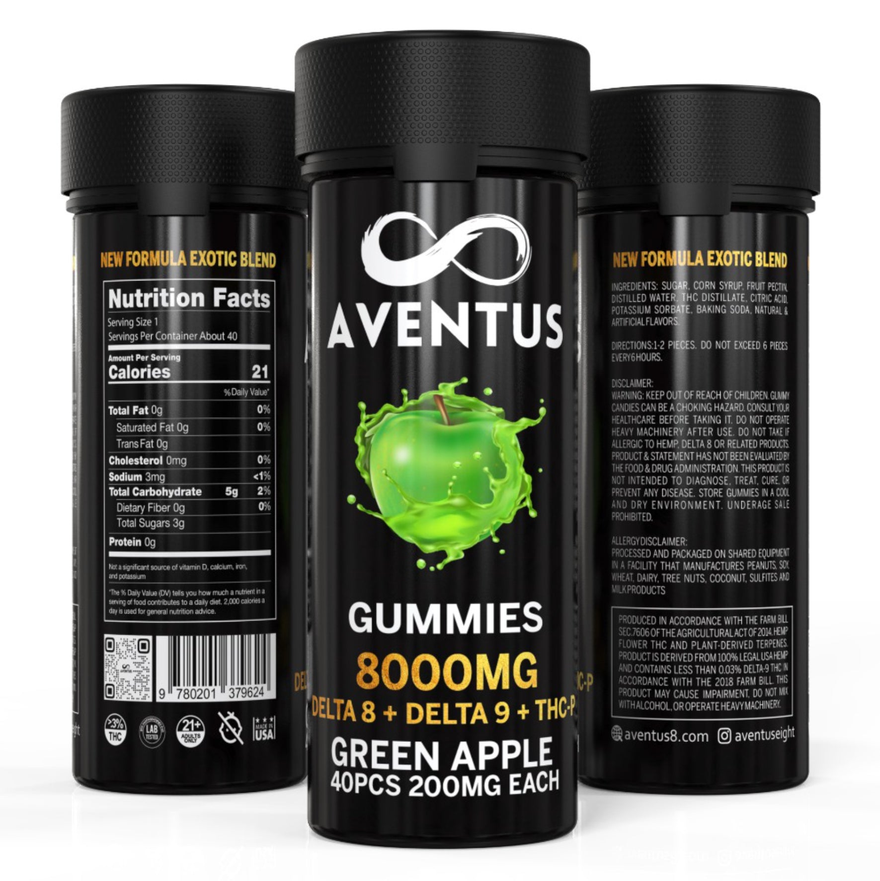 8000mg AVENTUS8 GUMMIES GREEN APPLE DELTA 8 + DELTA 9 + THC-P STRONG EXOTIC BLEND