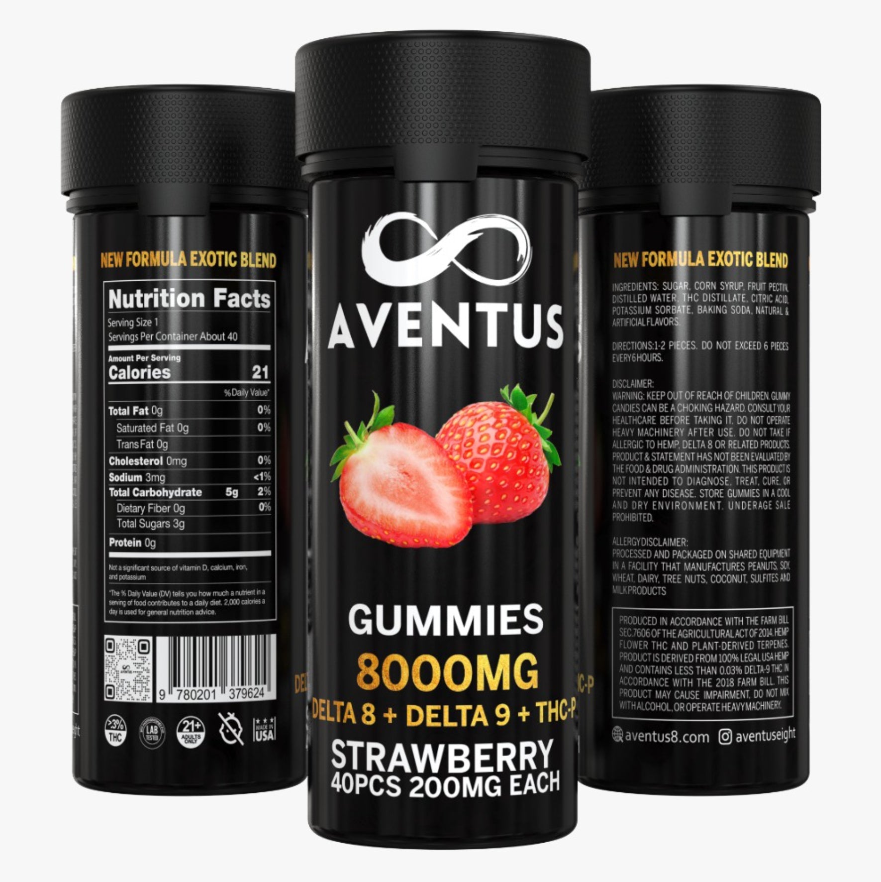 8000mg AVENTUS8 GUMMIES STRAWBERRY DELTA 8 + DELTA 9 + THC-P STRONG EXOTIC BLEND