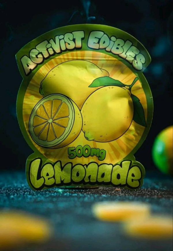 A pack of Activists Edibles Lemonade THC Gummies, 500mg total, featuring bright yellow, sugar-dusted gummy rounds with a zesty lemon profile.