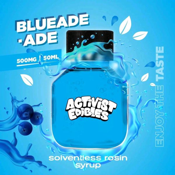 A bottle of Activists Edibles Blueade Blue Razz THC Drink, showing the vibrant blue color and 500mg potency label.